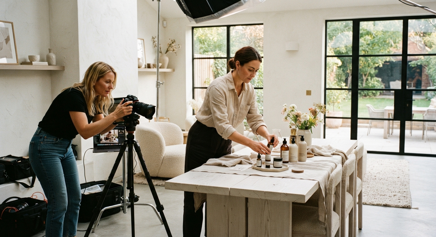 Illustrative product shoot with a photographer and creator working at a table